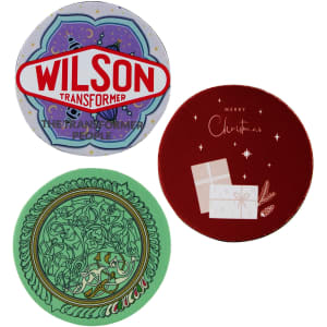 Three 5mm neoprene coasters in red, green, and blue designs, featuring logos and festive motifs.