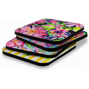A set of vibrant 5mm neoprene coasters featuring floral designs and a striped pattern, with black edges.