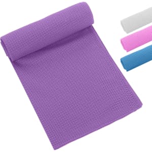 A purple cooling towel with a textured surface, alongside options in white, pink, and blue. The product has a logo.