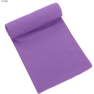 A purple cooling towel rolled partially open, featuring a textured, breathable design. The product has a logo.
