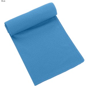 A blue cooling towel with a textured surface, rolled partially to display its length. The towel features a logo.