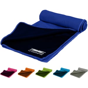 A cooling towel in blue with a textured surface and slight sheen, displayed rolled up alongside various colour options.