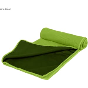 A lime green cooling towel rolled partially open, featuring a textured exterior and a smooth inner surface.