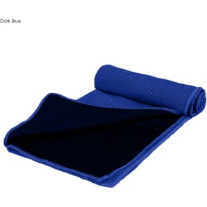 A dark blue cooling towel, rolled and featuring a textured surface on one side and a smooth finish on the other.