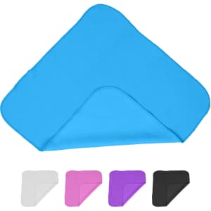 A triangle-shaped cooling towel in bright blue, with options in white, pink, and black below. Features a logo.