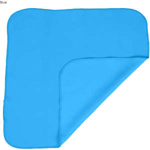 A cooling face cloth in bright blue, featuring a textured surface with a folded corner. It has a logo.