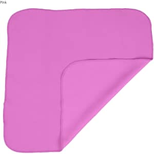 A pink cooling face cloth with a textured surface, folded at one corner, featuring a logo.