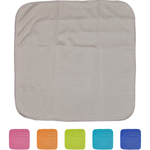 A cooling face cloth in a mesh pattern, featuring pink, orange, green, blue, and a grey main colour.