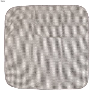 A grey cooling face cloth with a textured mesh design, featuring a border. It has a logo in one corner.