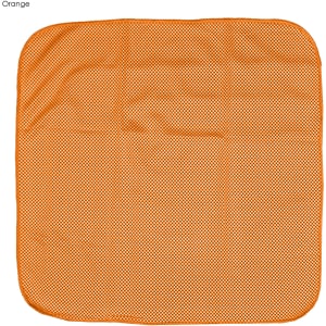 An orange cooling face cloth with a textured pattern, featuring a rounded shape and smooth edges.