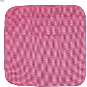 A pink cooling face cloth with a textured pattern, suitable for leisure and outdoor activities. It has a logo.