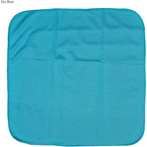 A sky blue cooling face cloth with a textured pattern, featuring a logo in one corner.