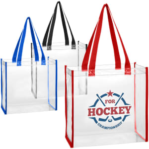 A set of three clear tote bags featuring red, blue, and black handles, each with a logo printed on the front.