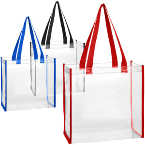 Three clear tote bags in red, black, and blue with contrasting straps. Each bag features a logo.
