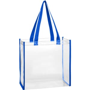 A clear tote bag with blue handles, featuring a simple design and a single compartment.