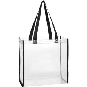 A clear tote bag with black handles and reinforcements, featuring an open design for easy visibility.