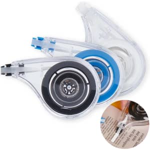 Three correction tape dispensers in transparent cases featuring black, blue, and a mix of colours.