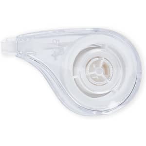 A correction tape dispenser in a clear casing, featuring a white tape roll inside.