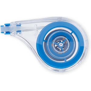 A correction tape dispenser in clear plastic with blue accents, featuring a circular tape compartment and an applicator arm.