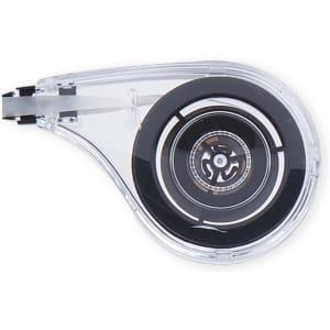 A clear correction tape dispenser with a black reel inside, designed for precise application.