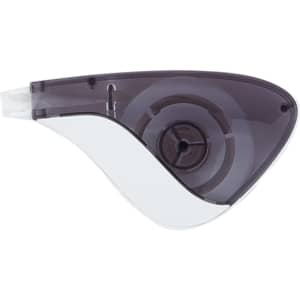 A correction tape dispenser in black and white design, featuring a curved shape and a logo.