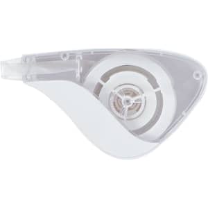 A correction tape dispenser in a clear casing, featuring a white tape reel inside.