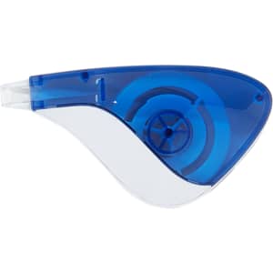 A correction tape dispenser in blue and clear plastic, featuring a curved design and a visible applicator wheel.