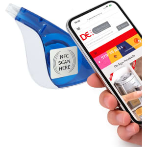 A blue correction tape dispenser next to a smartphone displaying a webpage. The dispenser includes a logo.