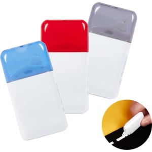 Three correction tape dispensers in blue, red, and grey, featuring a white base and a logo on the front.