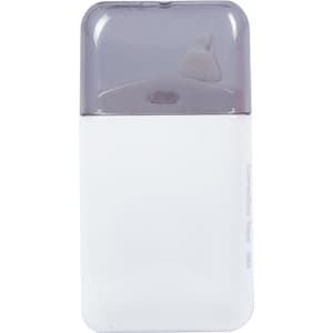 A correction tape dispenser in white with a grey top, featuring a compact design and a logo.