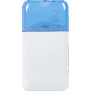 A correction tape dispenser in white with a blue cap, featuring a logo on its surface.