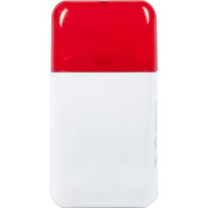 A correction tape dispenser in white and red, featuring a logo on its surface.