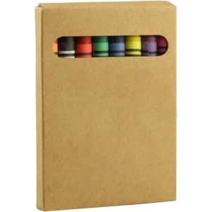 A crayon set in a kraft box displaying eight vibrant colours through a cut-out window. Contains a logo.
