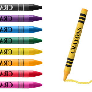 A crayon set featuring eight vibrant crayons in black, purple, blue, green, yellow, orange, red, and pink, plus a yellow crayon.