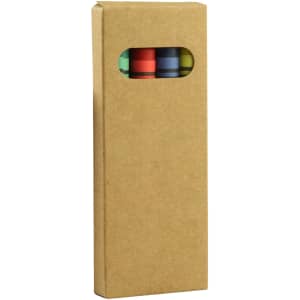 A crayon set in a cardboard packaging showing red, green, blue and yellow crayons through a window.