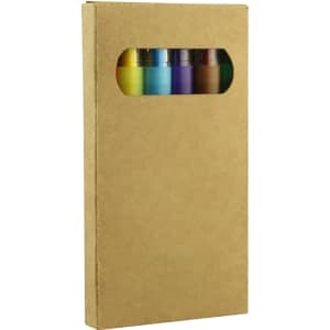 A pack of six twist crayons in various colours, presented in a cardboard box with a window for visibility.