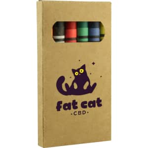 A set of six crayons in various colours, packaged in a cardboard box with a window and a logo.