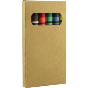 A crayon set featuring six vibrant colours, packaged in a brown cardboard box with a clear window.