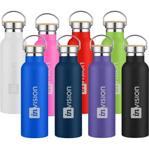 A drink bottle collection featuring various colours: white, pink, green, red, navy, purple, black, and blue, each with a logo.