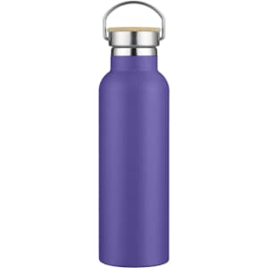 A drink bottle in a vibrant purple hue with a stainless steel top and wooden accent. It features a logo.