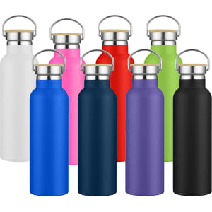 A drink bottle collection featuring various colours, including white, pink, red, green, blue, purple, and black, with metal caps.