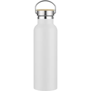 A drink bottle in white with a silver lid and a wooden accent, featuring a metal handle.