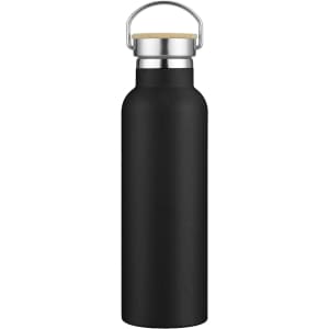 A drink bottle in matte black with a stainless steel cap and a loop for easy carrying.