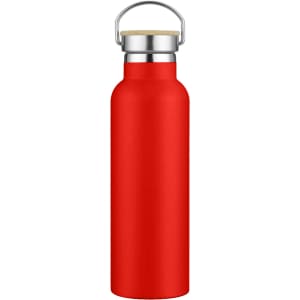 A drink bottle in bright red with a silver metal top and a wooden handle. It features a logo on the body.