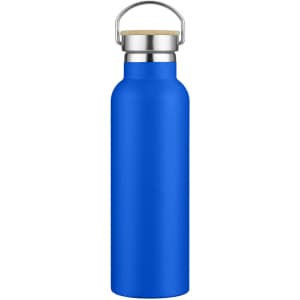 A drink bottle in a vibrant blue colour, featuring a stainless steel top and a wooden accent.