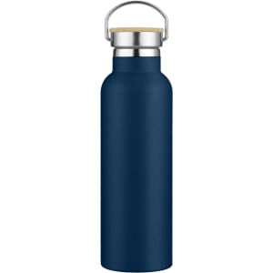 A drink bottle in navy blue with a stainless steel lid and a wooden accent. It features a logo on its surface.