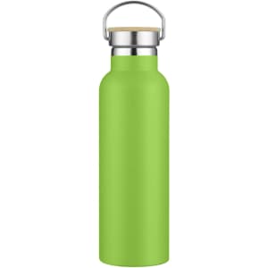 A drink bottle in vibrant green with a stainless steel lid and a wooden accent. It features a logo on the body.