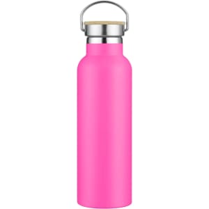 A drink bottle in vibrant pink with a silver lid and wooden accent, featuring a logo.