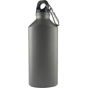 A drink bottle in a sleek grey finish, featuring a secure lid and a carabiner for easy attachment.