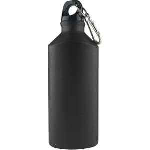 A drink bottle in matte black with a detachable carabiner attachment and a modern design.